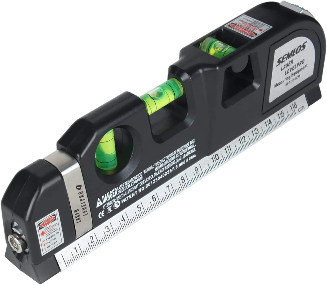 Niveau Laser 4-en-1 Semlos : Laser, Niveau à Bulle, Mètre Ruban 250 cm, Règle Métrique