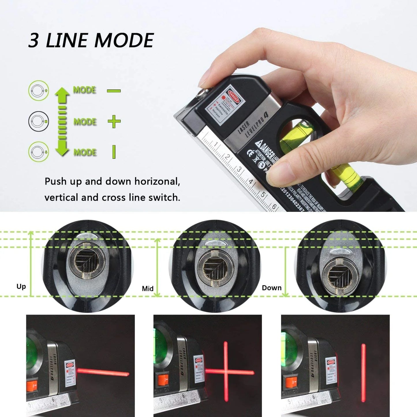 Niveau Laser 4-en-1 Semlos : Laser, Niveau à Bulle, Mètre Ruban 250 cm, Règle Métrique